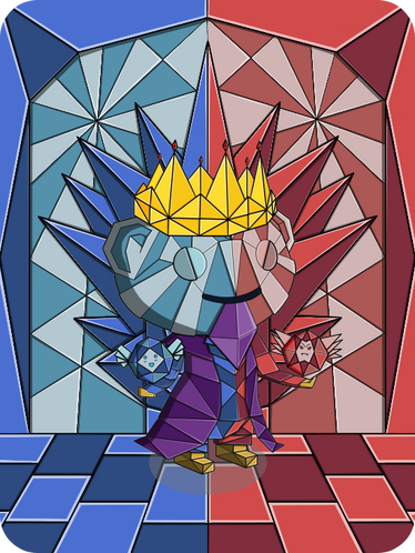 Forged from ancient folds, the King rules two realms in one body. Paper may bend, but his will never breaks.